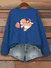 Moletom Feminino Cartoon Gato Lançando Padrão Vermelho de Coração Gola Redonda Pulôver Casual Solto Streetwear Outono