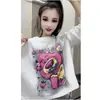 Camiseta Versátil de Manga Larga con Estampado de Letras de Dibujos Animados para Mujer Talla Plus, Elegante Diseño Holgado con Dobladillo Fashion Split