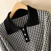 Estilo Nuevo de Primavera Algodón Puro Cuello Polo Tres Botones Cuadros Manga Larga Tejido Holgado Suéter Estilo Coreano Top para Mujer