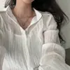 Camisa coreana ins de verano simple de color sólido de un solo botón con solapa plisada de manga larga holgada corta para protección solar