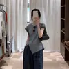 Camiseta Azul Marinho com Babados nas Costas, Amarração Frontal, Ombro a Ombro, Manga Curta para Mulheres 2025 Verão Top Irregular Emagrecedor