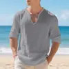 Camisa Casual de Lino para Hombre, Transfronteriza Europea y Americana, Holgada, Cuello en V, Manga Larga, Color Sólido, Holgada, Algodón-Lino, Transpirable, Camisa Base