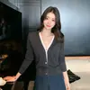 Cárdigan de Lana para Mujer 100% Lana Pura Hilo Yangtze Alemán Nuevo Cuello en V Falso Dos Piezas Manga Larga Delgado Suéter de Punto