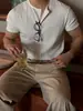 Camiseta Base Estilo Coreano Minimalista Asclo&Qiao, Moderna Camiseta de Manga Corta con Cuello Henley, Top Transpirable Casual de Rayas Verticales