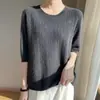 Novidade da Primavera Malha Feminina Manga Curta Gola Redonda Gola Alta Esculpido Fino Manga Meia Manga Top tamanho plus size Camisa Básica