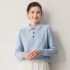 Suéter 100% cachemira pura para mujer, top versátil de punto liso, color liso, cuello polo, jersey, cálido suéter de manga larga