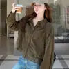 Chaqueta Corta Retro de Gamuza Color Verde Militar para Mujer Otoño Petite Diseño Casual de Retazos a Cuadros Reductor de Edad Top