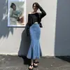 Falda Denim Azul Vaina para Mujer Verano Cintura Alta Adelgazante Elástica Combinable Diseño Delgado Abertura Falda Cola de Pescado