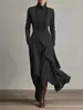 Ropa para Mujer Talla Europea 2025 Estación Independiente de Amazon Otoño Color Sólido Manga Larga Cruzado Cuello Alto Vestido Falda Larga