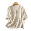Foto real de 2025 Nueva Camisa Casual Simple de Verano Cuello en V Manga Media Chaqueta de un Solo Botón Cárdigan Casual Top para Mujer