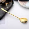 Cuchara Hogar Acero Inoxidable 304 Vajilla Cuchara de Té Creativa Cuchara de Postre Cabeza Redonda Estilo Coreano Mango Largo Cuchara para Bibimbap Cuchara de Mesa