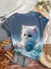Camiseta de Mujer Estilo Europeo y Americano con Estampado de Gato de Amazon Transfronterizo Casual de Manga Corta Cuello Redondo Top de Gatito Nuevo Estilo Holgado