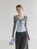 Forever Estilo Coreano Bloques de Color Lunares Encaje Atado Chal Falso Dos Piezas Camiseta de Manga Larga para Mujer Otoño Adelgazante Favorecedor Top Pequeño
