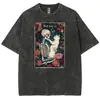 Camiseta Lavada de Dibujos Animados Anime Y2K Camiseta con Gráfico de Calavera Hip-Hop Americano Estampado de Gato Colocada en Estilo Retro Europeo