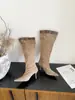 Botas longas de salto alto bico fino em camurça versáteis estilo europeu e americano