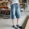Foto Real de Calças Jeans de Comprimento Médio, Shorts Casuais de Perna Larga Retro Americano, Shorts Retos Largos Casuais de Verão Unissex, Algodão Feminino