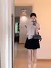 Camisa a Rayas Estilo Universitario Coreano para Mujer, Verano Manga Corta Corte Holgado, Diseño Rejuvenecedor, Cuello Campana con Diseño de Cinta, Top de Nicho