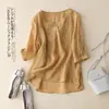 Camisa de algodão e linho roxa de manga curta para mulheres, modeladora para senhoras plus size, esconde a barriga, caimento solto, tamanho grande, blusa de algodão e linho abotoada, roupa de verão para mães