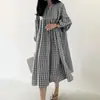Vestido Feminino Casual Xadrez com Manga Bufante, Gola Redonda e Cintura Solta - Novo, em Estoque, Transfronteiriço