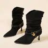 Botines de gamuza estilo coreano, nuevos, sin cordones, con encaje plisado, punta fina, tacón alto apilado, hebilla metálica, moda para mujer