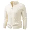 Cardigan suéter de malha torcida novo para outono e inverno, com gola alta e zíper duplo, estilo solto e moderno para jovens homens