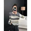 Outono e Inverno Novo Estilo Coreano Solto Estilo Preguiçoso Gola Redonda Listrado Tricô Cardigan Feminino Versátil Suéter Jaqueta Top