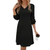 Comércio Exterior Transfronteiriço Amazon Europa e América Outono/Inverno 2024 Novo Top Vestido de Manga Longa Canelado Escovado com Decote V para Mulheres