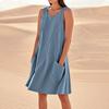 Vestido playero casual sin mangas suelto para mujer de algodón y lino europeo y americano con bolsillos, longitud media, vestido tipo chaleco para vacaciones en la playa
