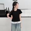 Conjunto Jeans de Manga Curta para Meninas Primavera e Verão 2025 Nova Moda Camiseta de Renda Coreana para Meninas Calças Largas da Moda