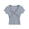 2502-Camiseta de Moda de Estilo Europeo y Americano de Cuello en V Versátil de Manga Corta para Mujer 2025 Nuevo Top Camiseta Básica Sexy Ajustada