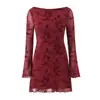 Estilo Europeo y Americano Dulce Patrón de Terciopelo Chic Manga de Campana Minifalda Retro Malla Elástica Sexy Ajustada Falda