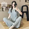 6535 Pijama de Algodão para Mulheres Primavera e Verão Novo Estilo com Bojo Integrado Manga Curta Calça Longa Doce Pequeno Floral Conjunto de Roupa para Casa