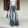 Jeans Acampanados Vintage Lavado Denim Arrugado Estilo Americano Retro para Mujer, Estilo Delgado de Verano, Soporta Dropshipping