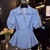 Camisa de Algodón a Rayas de Manga Corta para Mujer, Verano 2026 Top Francés de Nicho con Cuello en V y Mangas Abullonadas, Corte Holgado, Adelgazante, Tallas Grandes