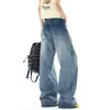 Jeans versátiles de estilo americano con estampado de estrellas para mujer, pantalones de pierna ancha holgados lavados para verano con un elegante diseño de corte recto