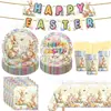 Platos de Papel con Huevos de Pascua de Dibujos Animados Vasos de Papel Desechables Servilletas de Papel Mantel Platos para Cena de Fiesta Festiva Decoración de Vajilla de Conejo