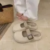 Chinelos Fechados de Linho com Solado Grosso para Mulheres, Novo Estilo Verão 2026, Sandálias Femininas Tipo Birkenstock de Calçar
