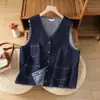 Colete jeans azul-preto para mulheres, top casual retrô japonês de outono, colete solto e versátil com decote em V
