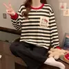 Pijama de manga longa e calça longa, gola redonda, para mulheres, simples, estiloso, doce, fofo, confortável, roupa de casa tipo algodão