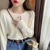 Camisa base blanca para mujer, primavera y otoño, estilo Chanel pequeño, nuevo top de manga larga con cuello redondo 2025, suéter de otoño e invierno, tejido de punto