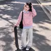 Elegante y Versátil Moda para Niñas Moderna Combinación Perfecta Rayas Patchwork Cuello Polo Falso Dos Piezas Sudadera Pantalones Anchos Casuales Conjunto