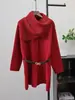 Casaco de Comprimento Médio com Cinto e Cachecol Removíveis, Casaco de Lã Dupla Face Tricotado, Novo Estilo Outono e Inverno, Elegante Cardigã Suéter para Mulheres