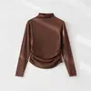 Dropshipping Nueva Primavera y Otoño Cuello Semi Alto Plisado Cola de Golondrina Manga Larga Color Sólido Top Interior con Elegante Camisa Base Ajustada