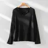 Camiseta Tricotada de Camada Fina Estilo Preguiçoso com Proteção Solar para Ar Condicionado Manga Longa Retrô para Mulheres Verão Nova Gola V Camisa para Usar por Baixo