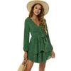 Vestido Elegante de Lunares Verdes de Cintura Alta con Manga Larga Pequeño con Cuello en V Falda Corta de Lunares Casual con Cintura Volantes Mujer