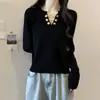Blusas Femininas Outono 2025 Primavera e Outono Novas Estilo Europeu Chique Gola V Camisa Básica Tricô Suéter Emagrecedor Top