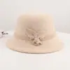 Chapéu bucket floral 100% lã coreano para mulheres, cor sólida vintage, moderno, elegante, de alta qualidade, adequado para mães, outono e inverno