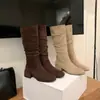 Botas Western de Ante Plegadas Apiladas, Botas Largas Nuevas de Invierno por Encima de la Rodilla de Caña Ancha, Botas de Montura para Piernas Gruesas