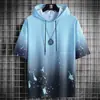 Camiseta de Manga Corta para Adolescentes Hombre Verano 2022 con Capucha Degradado Tinta Salpicada Seda Helada Delgado Superior Traje Deportivo Estudiante