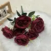 Ramo de 7 cabezas de rosa Austin Flores de seda de fábrica de alta gama directas Flores artificiales para exhibición en ventana del hogar